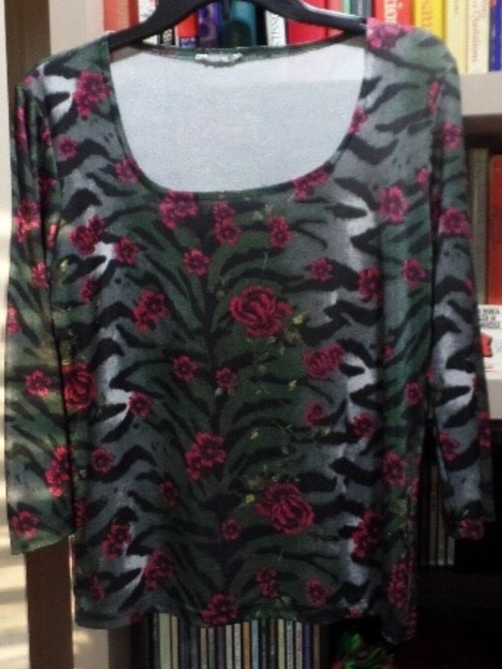 Gray/Black zebra striped long-sleeved top with red roses